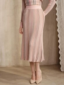 Anewsta Women's Colorful Striped Knit Long Skirt, Commuter Casual Design Midi Skirt - Pink - View 7