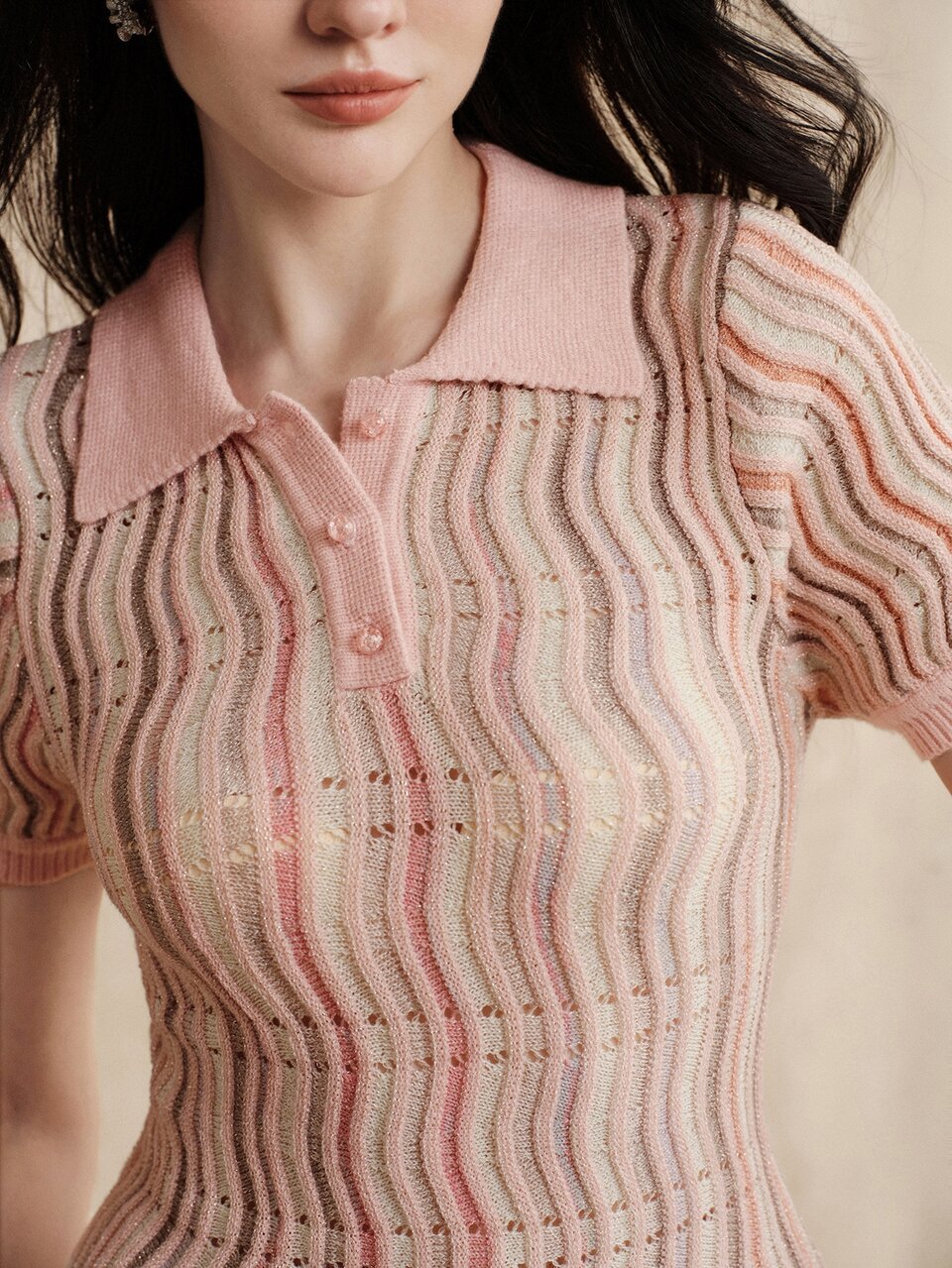 Anewsta Women's Autumn Colorful Wavy Striped Knit Polo Shirt With Turn-Down Collar, Designer Style, Premium Look