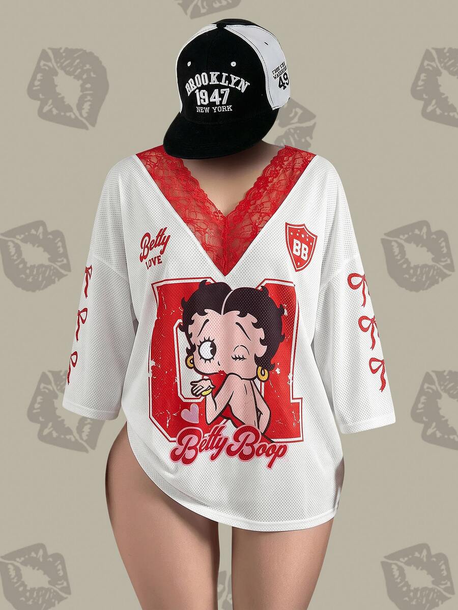 Betty Boop x SHEIN 大尺碼女款 V 領蕾絲拼接卡通印花休閒日常 T 恤 - 紅白色 - 查看 1