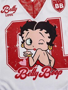 Betty Boop x SHEIN 大尺碼女款 V 領蕾絲拼接卡通印花休閒日常 T 恤 - 紅白色 - 查看 4
