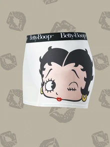 Betty Boop x SHEIN 合作款女士安全短裤，白色卡通印花高弹力平角内裤 - 白色 - 查看 1
