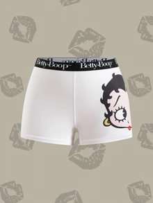 Betty Boop x SHEIN 合作款女士安全短裤，白色卡通印花高弹力平角内裤 - 白色 - 查看 2