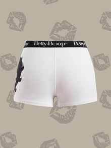 Betty Boop x SHEIN 合作款女士安全短裤，白色卡通印花高弹力平角内裤 - 白色 - 查看 3