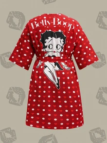Betty Boop x SHEIN 大尺碼波點卡通印花睡袍 - 紅色 - 查看 1