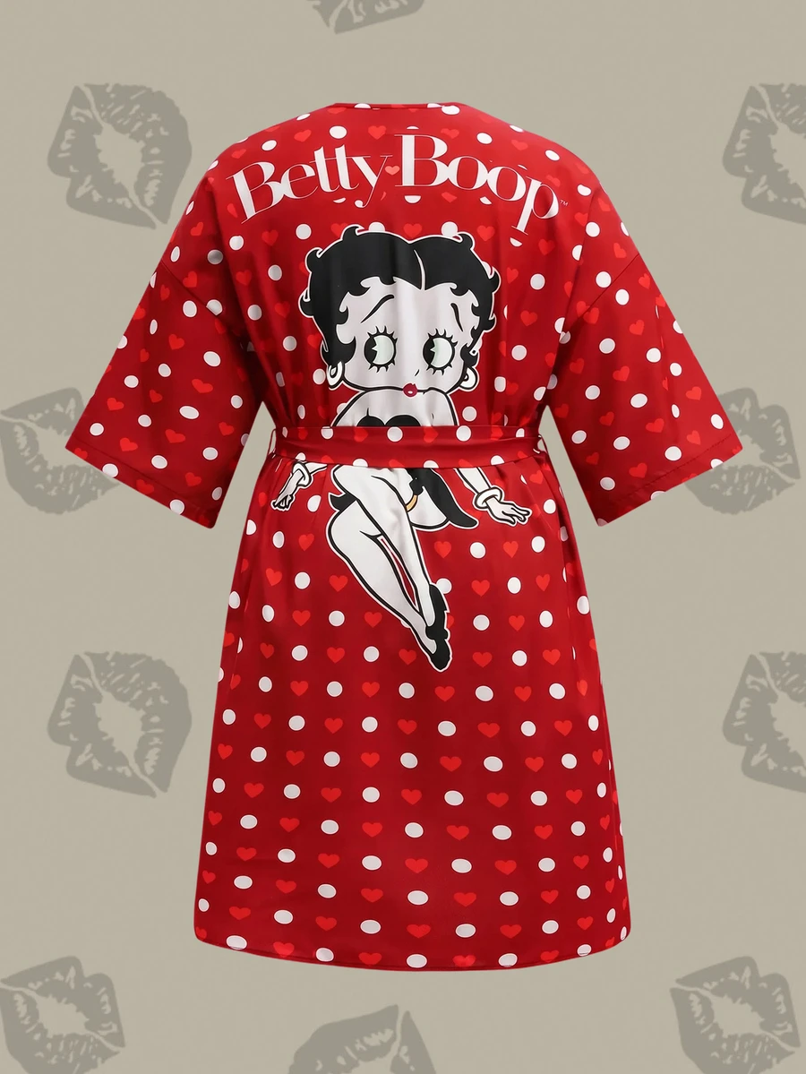 Betty Boop x SHEIN 大尺碼波點卡通印花睡袍 - 紅色 - 查看 1