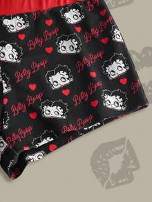 Betty Boop x SHEIN طقم بيجامة نسائي بطبعة كرتونية يتكون من توب بدون أكمام وشورت - الأحمر - مشاهدة 7