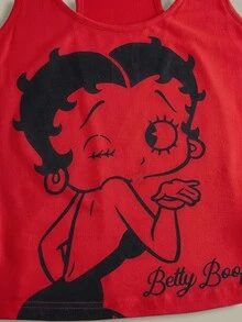 Betty Boop x SHEIN طقم بيجامة نسائي بطبعة كرتونية يتكون من توب بدون أكمام وشورت - الأحمر - مشاهدة 4