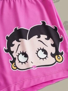 Betty Boop x SHEIN 大码女士字母印花文胸和三角裤休闲日常内衣套装 - 玫紅色 - 查看 6