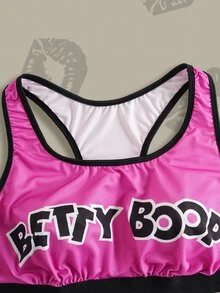 Betty Boop x SHEIN 大码女士字母印花文胸和三角裤休闲日常内衣套装 - 玫紅色 - 查看 3