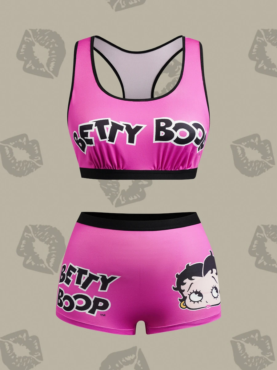 Betty Boop x SHEIN 大码女士字母印花文胸和三角裤休闲日常内衣套装 - 玫紅色 - 查看 1