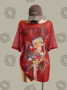 Betty Boop x SHEIN Figure & Letter Graphic Drop Shoulder Mesh Top Without Bra - Red - View 4