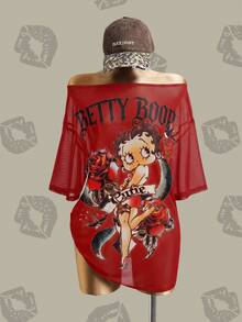 Betty Boop x SHEIN Figure & Letter Graphic Drop Shoulder Mesh Top Without Bra - Red - View 3