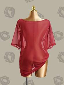 Betty Boop x SHEIN Figure & Letter Graphic Drop Shoulder Mesh Top Without Bra - Red - View 2