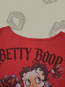 Betty Boop x SHEIN Figure & Letter Graphic Drop Shoulder Mesh Top Without Bra - Red - View 5