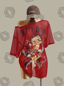 Betty Boop x SHEIN Figure & Letter Graphic Drop Shoulder Mesh Top Without Bra - Red - View 1