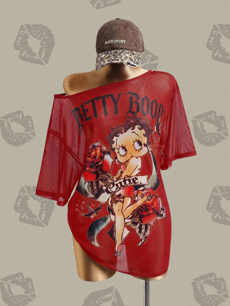 Betty Boop x SHEIN Figure & Letter Graphic Drop Shoulder Mesh Top Without Bra - Red - View 1