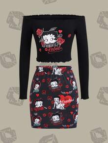 Betty Boop x SHEIN 冬季露肩长袖T恤+裙子套装 复古 黑色套装 高弹面料 爱心图案 圣诞节 新年 天鹅绒面料 温暖 性感 可爱 休闲 - 黑色 - 查看 1