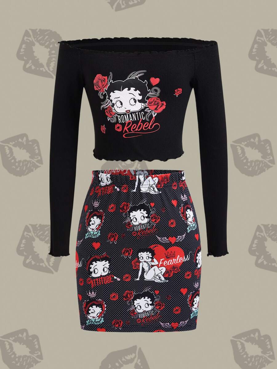 Betty Boop x SHEIN 冬季露肩长袖T恤+裙子套装 复古 黑色套装 高弹面料 爱心图案 圣诞节 新年 天鹅绒面料 温暖 性感 可爱 休闲 - 黑色 - 查看 1