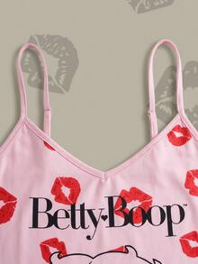 Betty Boop x SHEIN Women's Cartoon Print Spaghetti Strap Nightgown - Pink - View 3