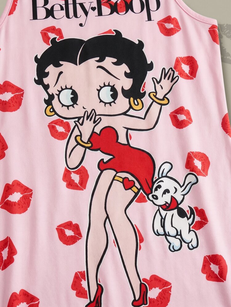 Betty Boop x SHEIN 女款字母卡通印花休閒日常居家細肩帶睡裙 - 粉色 - 查看 6