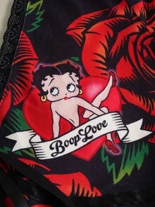Betty Boop x SHEIN 女款花卉印花前綁帶短袖T恤 - 紅色和黑色 - 查看 4