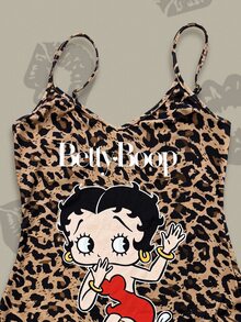 Betty Boop x SHEIN 女款性感時尚卡通圖案豹紋細肩帶睡裙 - 棕色 - 查看 3