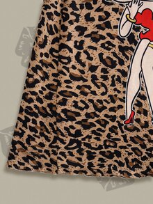 Betty Boop x SHEIN 女款性感時尚卡通圖案豹紋細肩帶睡裙 - 棕色 - 查看 4