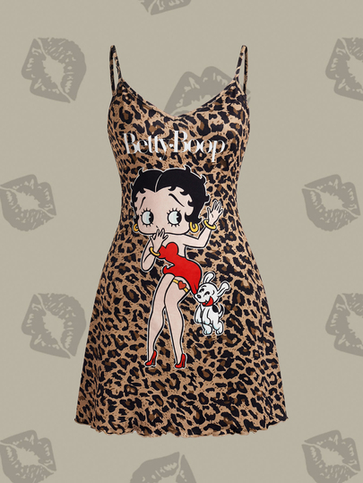 Betty Boop x SHEIN Camisola Sexy Feminina com Estampa de Leopardo e Padrão de Desenho Animado, Alça Fina