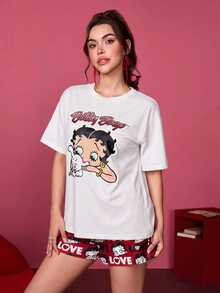 Betty Boop x SHEIN Set Piyama Kaos dan Celana Pendek Motif Kartun Wanita - Putih - View 4