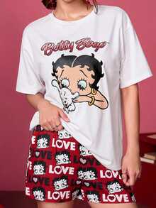Betty Boop x SHEIN Set Piyama Kaos dan Celana Pendek Motif Kartun Wanita - Putih - View 2