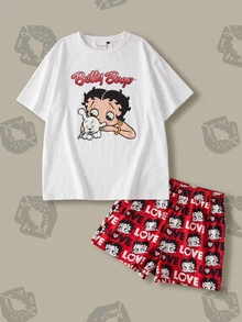 Betty Boop x SHEIN Set Piyama Kaos dan Celana Pendek Motif Kartun Wanita - Putih - View 1