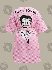 Betty Boop x SHEIN 大尺碼可愛字母與愛心印花睡袍，適合日常穿著 - 粉色 - 查看 1