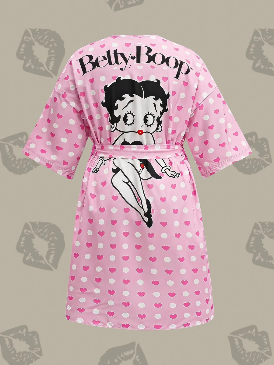 Betty Boop x SHEIN 大尺碼可愛字母與愛心印花睡袍,適合日常穿著 - 粉色 - 查看 1