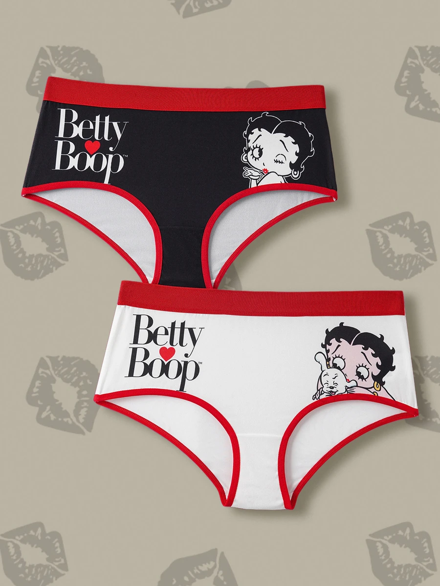 Betty Boop x SHEIN 女款大尺碼字母卡通印花休閒內褲 - 紅色 - 查看 1