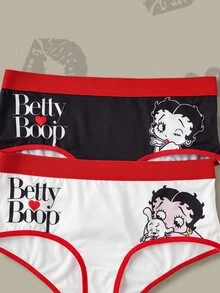 Betty Boop x SHEIN 女款大尺碼字母卡通印花休閒內褲 - 紅色 - 查看 5