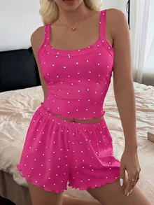 SHEIN Casual Underwear&Sleepwear 女款愛心印花細肩帶上衣與短褲睡衣套裝 - 玫紅色 - 查看 5
