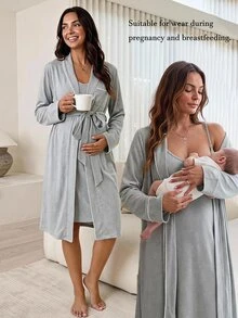 Slowluna Maternity Nursing Jacket And Dress 2 Pieces Set Fall - Grey - View 1