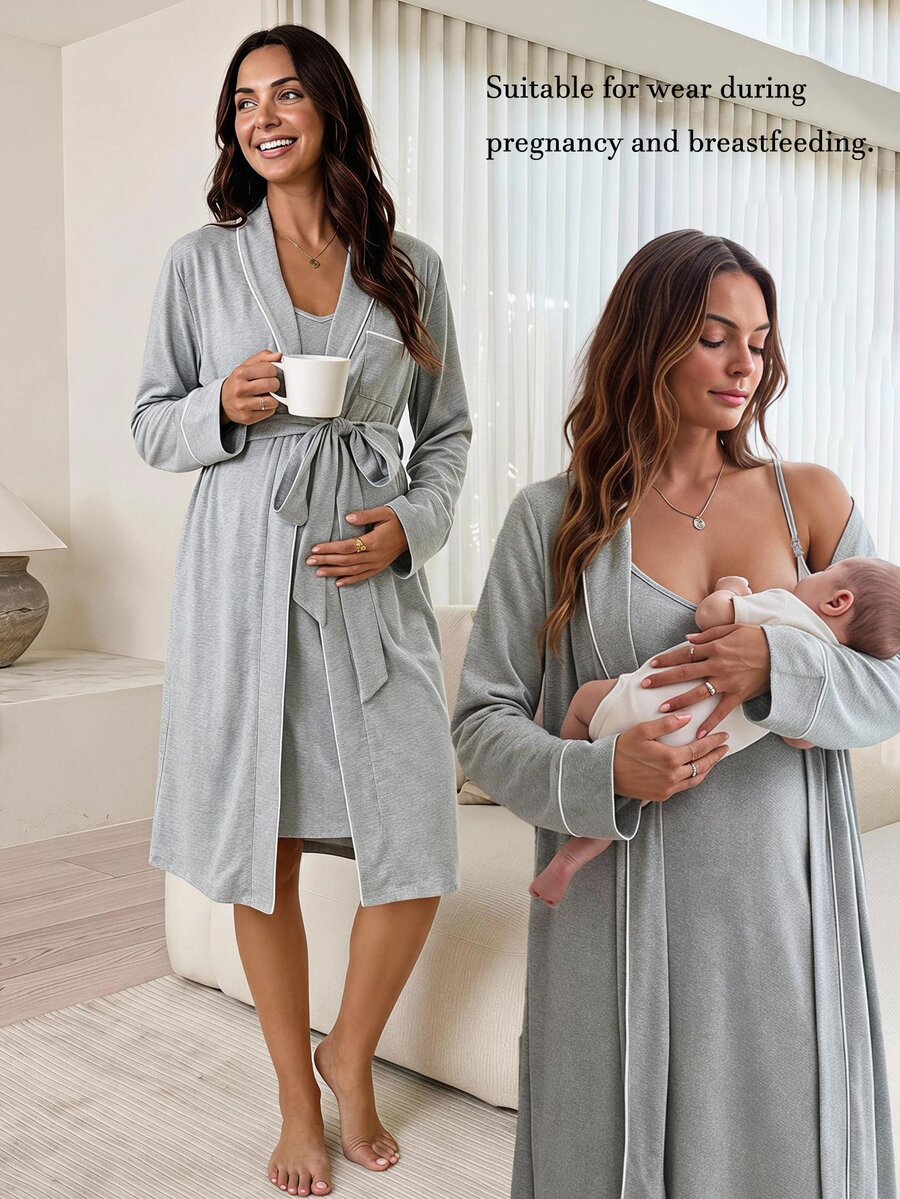 Slowluna Maternity Nursing Jacket And Dress 2 Pieces Set Fall - Grey - View 1