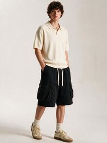 Limitiso 男士抽绳腰部工装口袋休闲街头短裤，嘻哈街头 - 黑色 - 查看 4