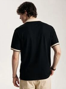 Limitiso Men's Jacquard Collar Embroidered Short Sleeve Casual Polo Shirt, Formal - Black - View 2