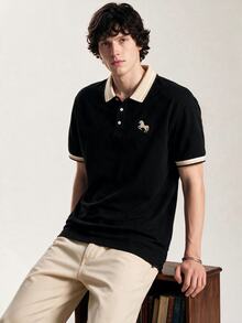 Limitiso Men's Jacquard Collar Embroidered Short Sleeve Casual Polo Shirt, Formal - Black - View 3