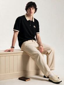 Limitiso Men's Jacquard Collar Embroidered Short Sleeve Casual Polo Shirt, Formal - Black - View 4