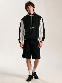 Limitiso 男士长袖运动棒球夹克，撞色半拉链立领夹克，字母图案，可调节抽绳下摆，适合日常穿着、户外、运动、休闲、上学、派对、音乐节等场合。可作为礼物送给朋友和男友。男士四分之一拉链，黑白夹克，足球夹克，个性化球类夹克，秋季款。 - 黑色 - 查看 8