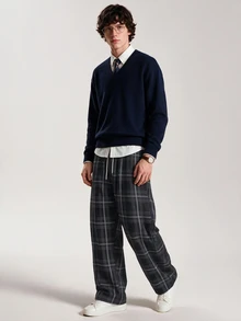 Limitiso Men Casual Plaid Drawstring Waist Pants, Fall - Multicolor - View 5