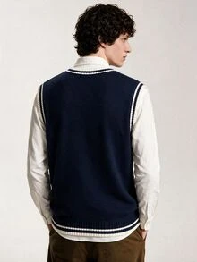Limitiso Men's Casual Contrast Trim Navy Blue And White Knit Vest, Back-To-School Graduation Autumn Back-To-School - Royal Blue - View 4