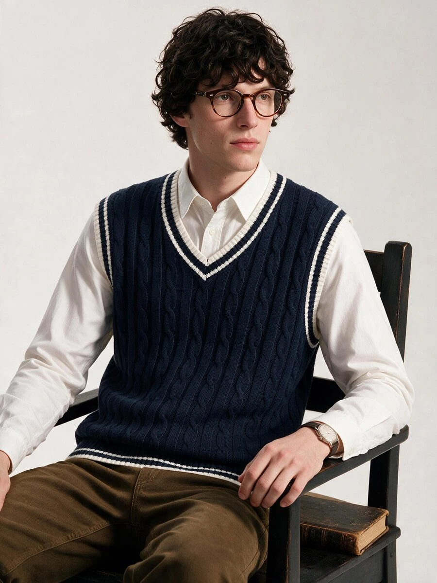 Limitiso Men's Casual Contrast Trim Navy Blue And White Knit Vest, Back-To-School Graduation Autumn Back-To-School - Royal Blue - View 1