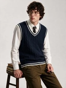 Limitiso Men's Casual Contrast Trim Navy Blue And White Knit Vest, Back-To-School Graduation Autumn Back-To-School - Royal Blue - View 6