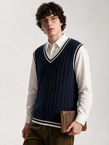 Limitiso Men's Casual Contrast Trim Navy Blue And White Knit Vest, Back-To-School Graduation Autumn Back-To-School - Royal Blue - View 2