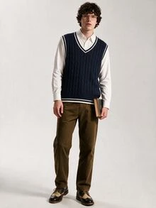 Limitiso Men's Casual Contrast Trim Navy Blue And White Knit Vest, Back-To-School Graduation Autumn Back-To-School - Royal Blue - View 7
