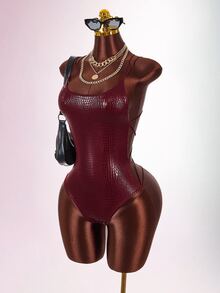 Amplova Double Spaghetti Strap Backless Criss-Cross Fitted Bodysuit - Burgundy - View 4